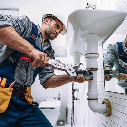 plumber-fixing-white-sink-pipe-with-adjustable-wrench
